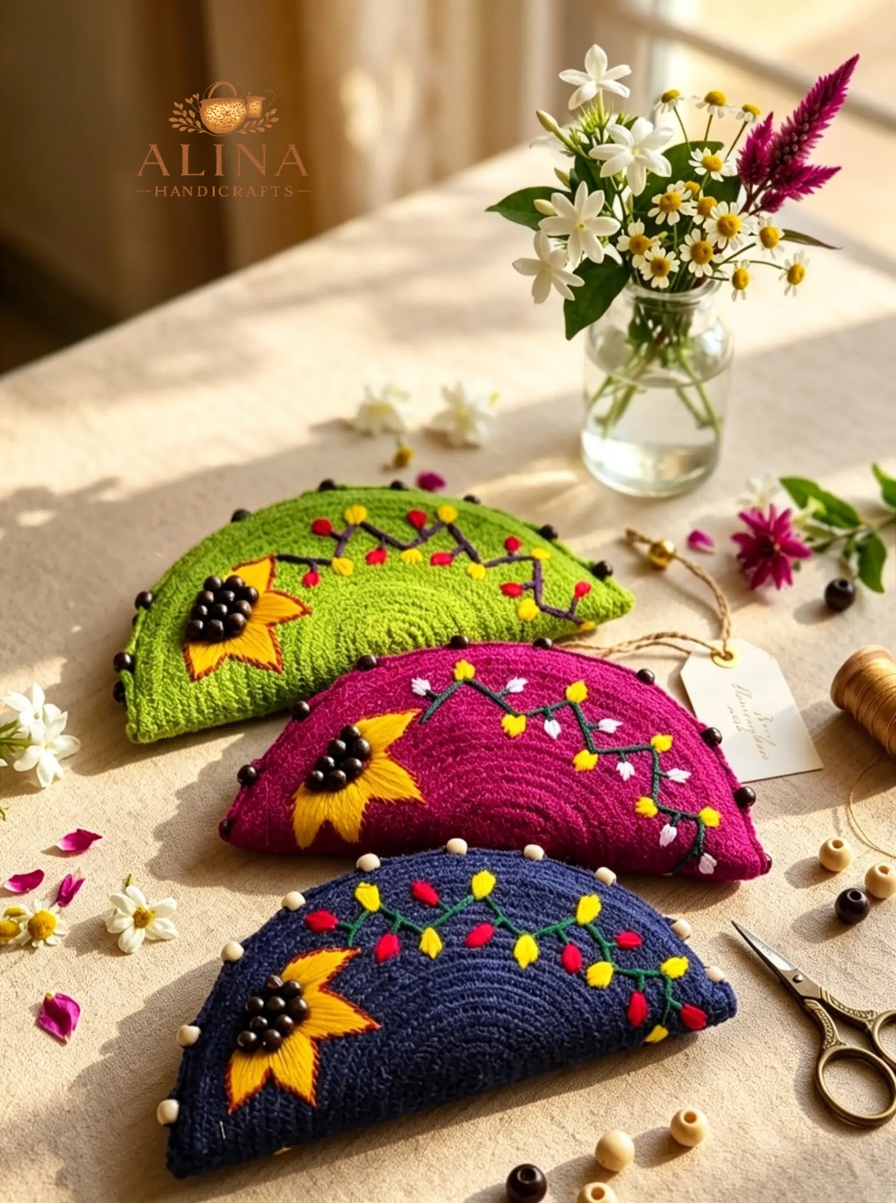 Handmade Floral Half Moon Clutch Bag