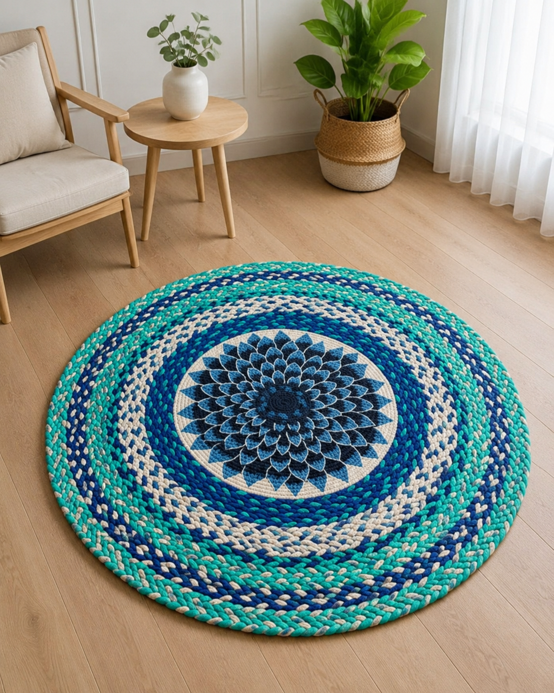 Premium Handmade Round Braided Jute Rug – Blue Mandala Floral Design (100% Eco-Friendly)( 4 feet)
